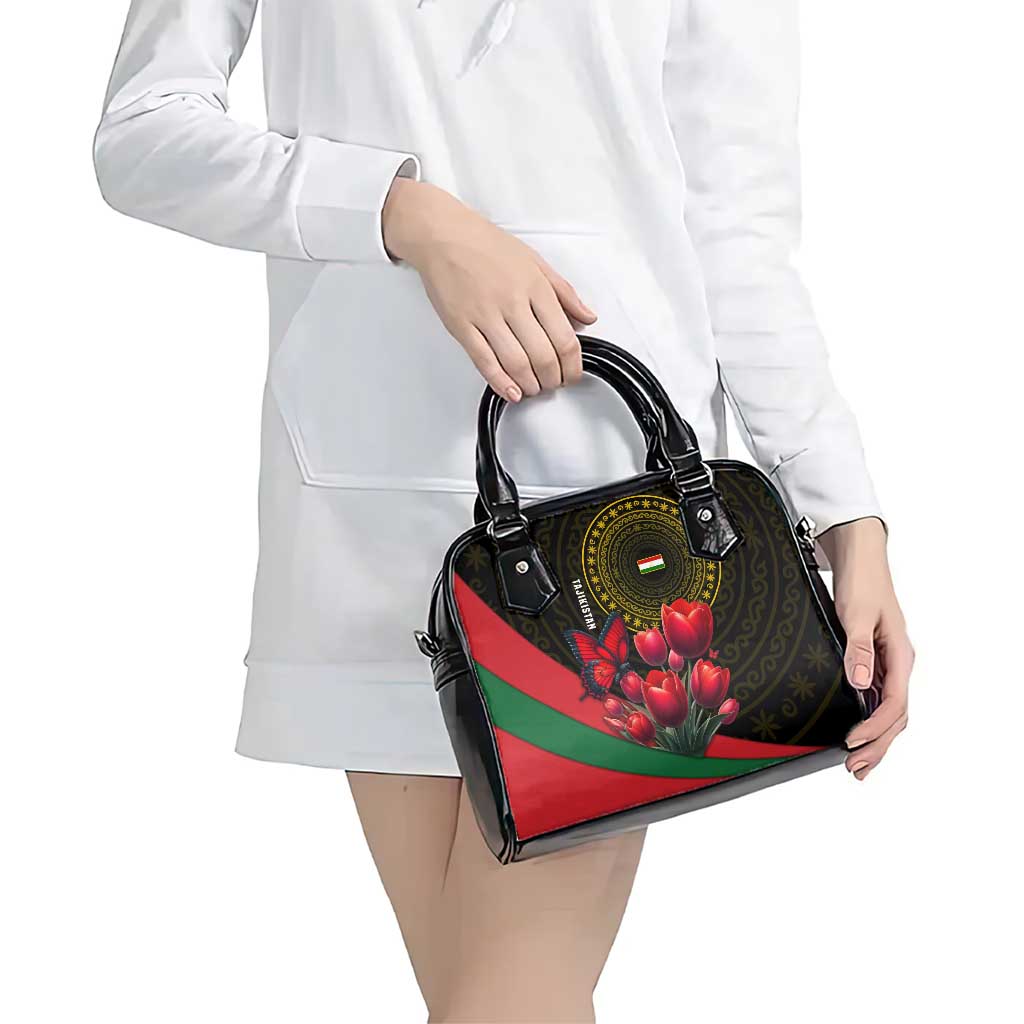 Tajikistan Shoulder Handbag Tulip with Red Floral Butterfly with Black Gold Folk Pattern TS04