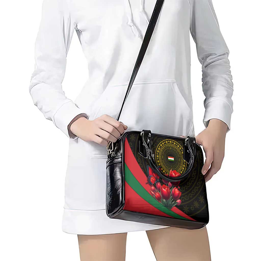 Tajikistan Shoulder Handbag Tulip with Red Floral Butterfly with Black Gold Folk Pattern TS04