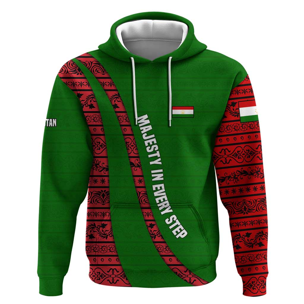 Tajikistan Green Lion Hoodie with Red Folk Pattern with Majestic Script TS04