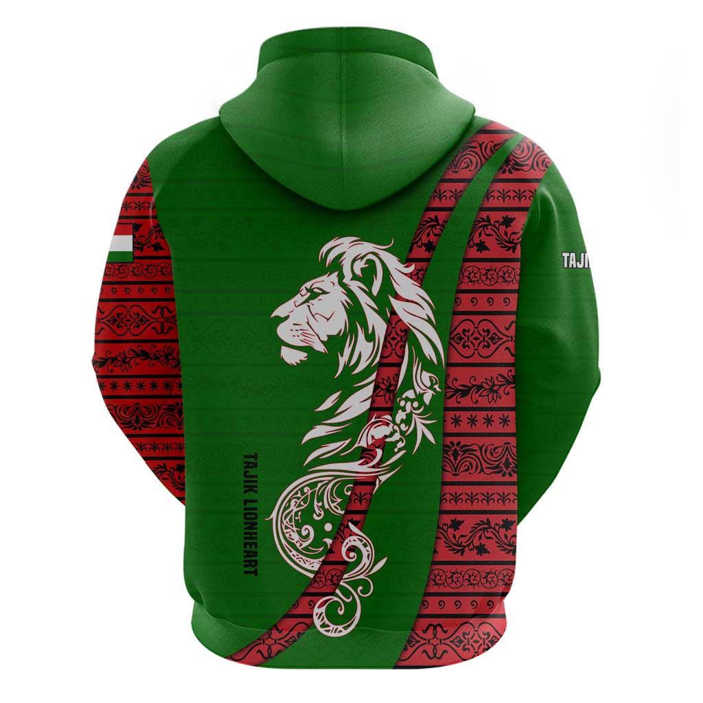 Tajikistan Green Lion Hoodie with Red Folk Pattern with Majestic Script TS04