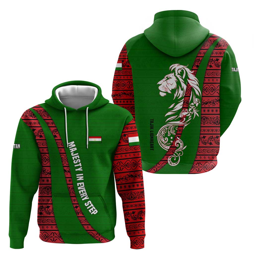 Tajikistan Green Lion Hoodie with Red Folk Pattern with Majestic Script TS04