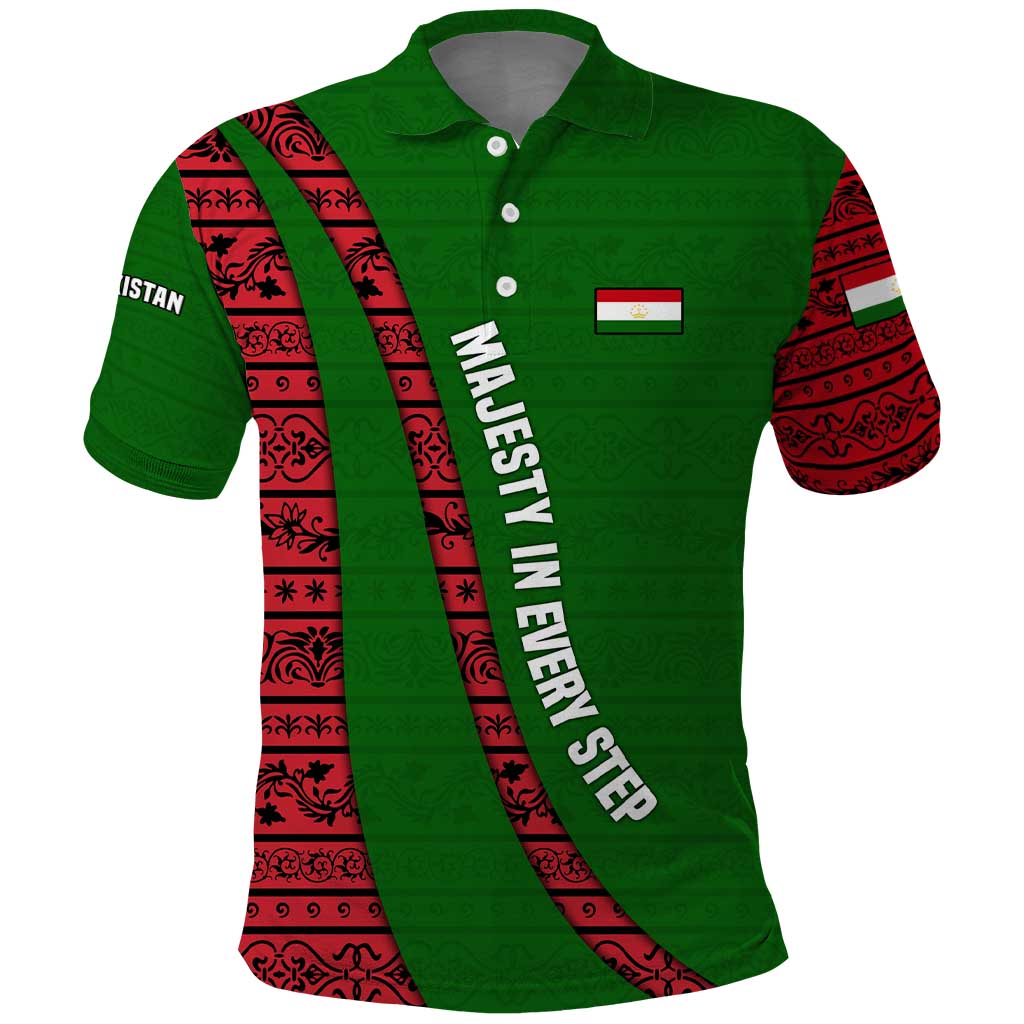Tajikistan Green Lion Polo Shirt with Red Folk Pattern with Majestic Script TS04