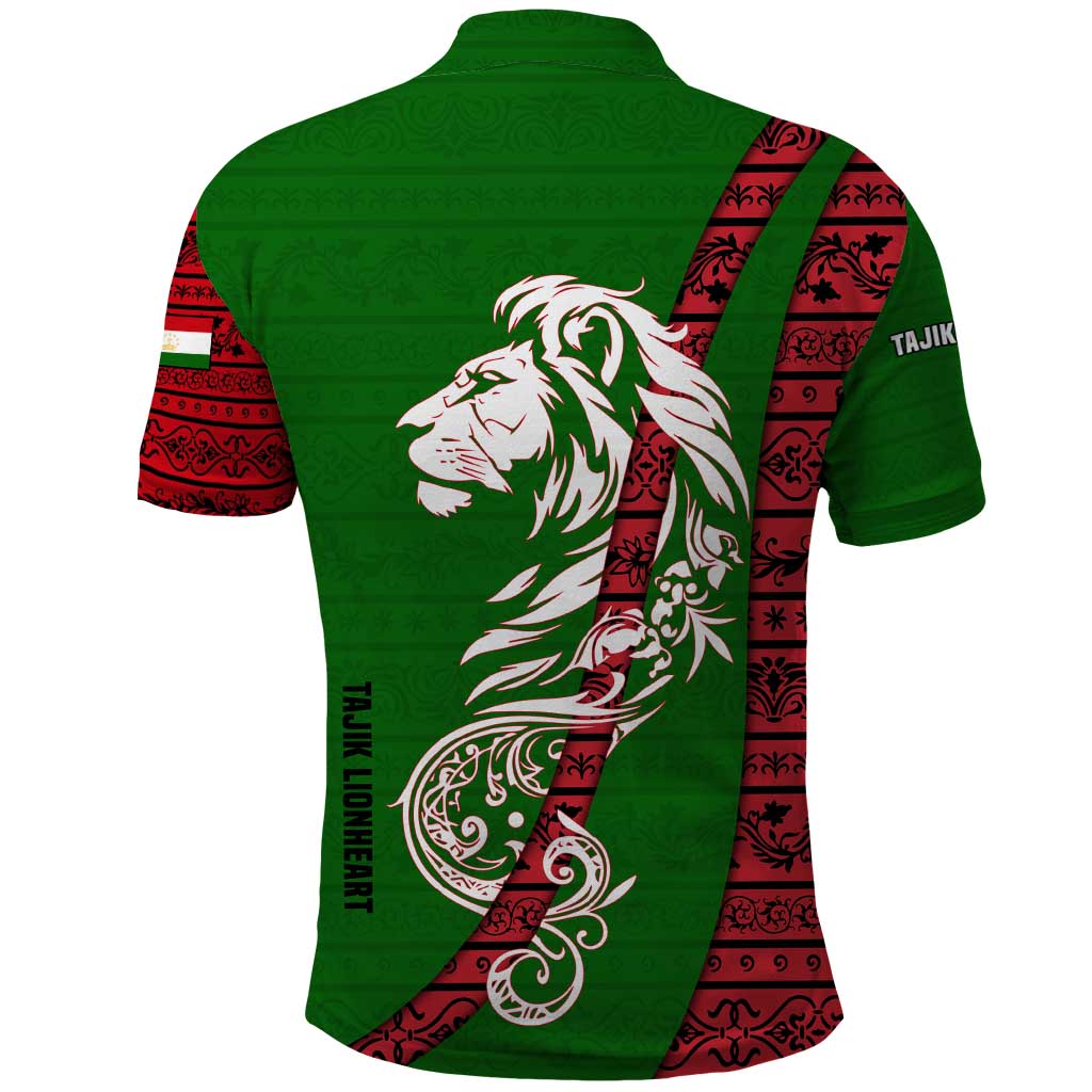 Tajikistan Green Lion Polo Shirt with Red Folk Pattern with Majestic Script TS04