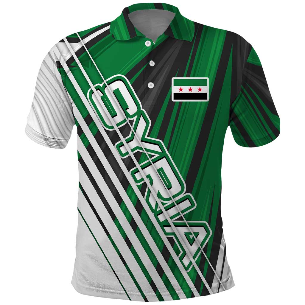 Modern Syria Flag Polo Shirt with Green and Black Diagonal Stripe Design TS04