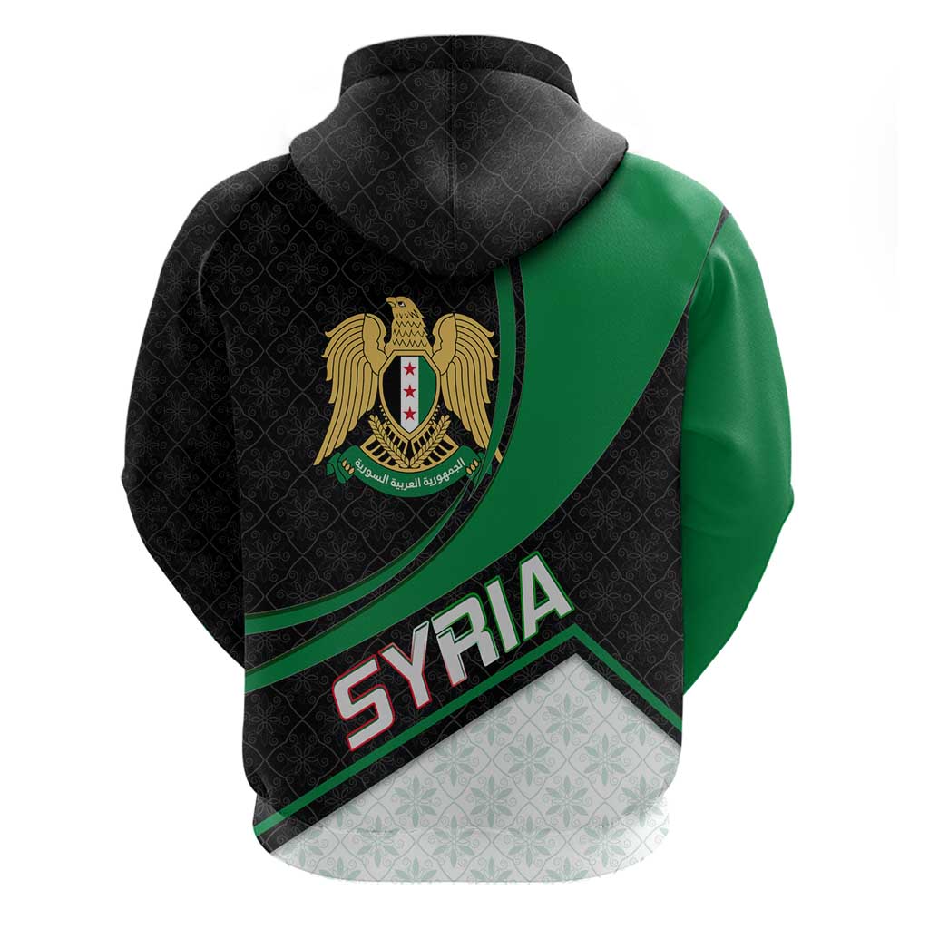 Syria Revolution Emblem Hoodie with Traditional Pattern and Curved Green Black Design TS04