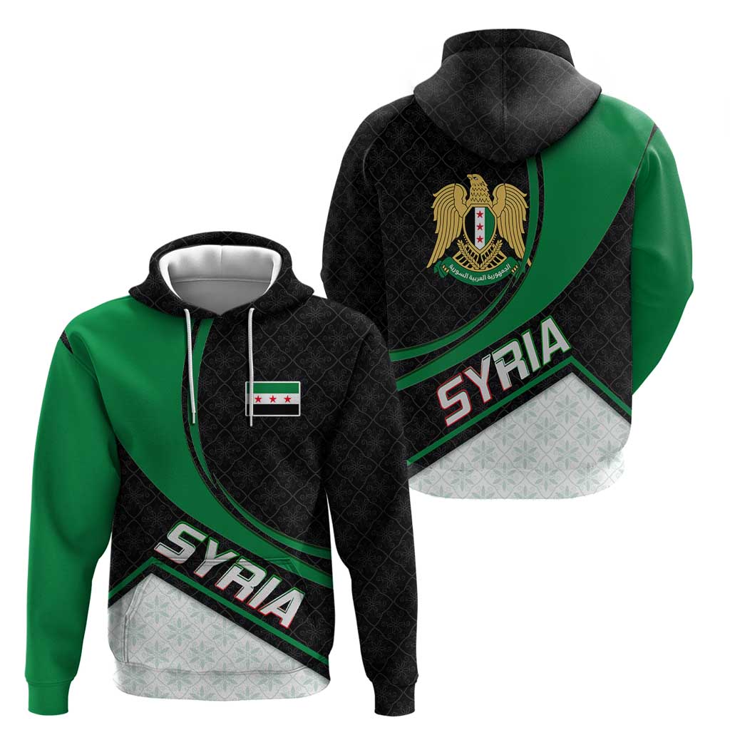 Syria Revolution Emblem Hoodie with Traditional Pattern and Curved Green Black Design TS04