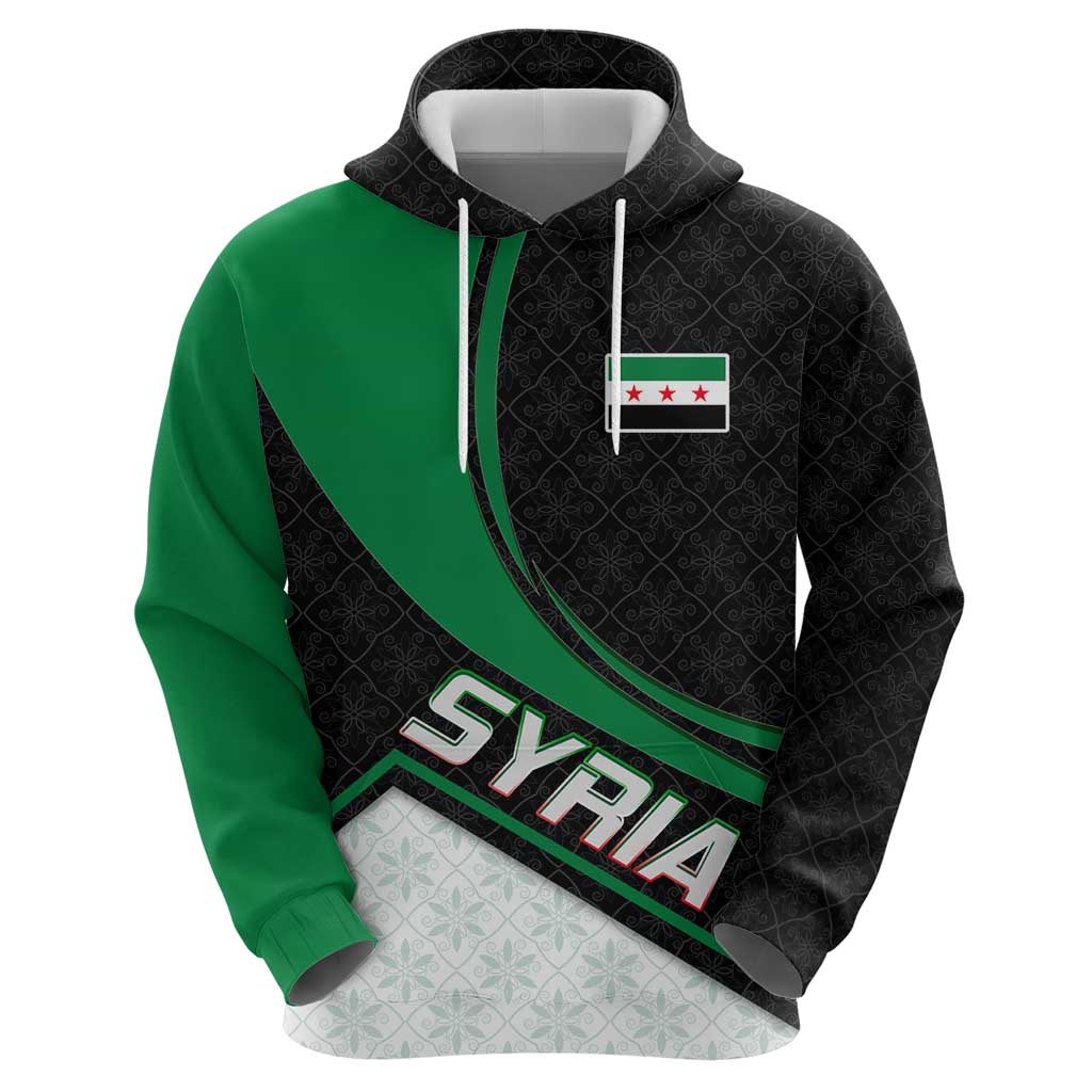 Syria Revolution Emblem Hoodie with Traditional Pattern and Curved Green Black Design TS04
