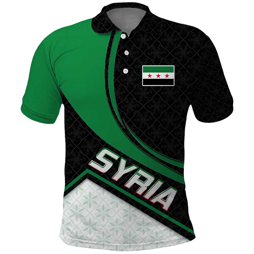 Syria Revolution Emblem Polo Shirt with Traditional Pattern and Curved Green Black Design TS04