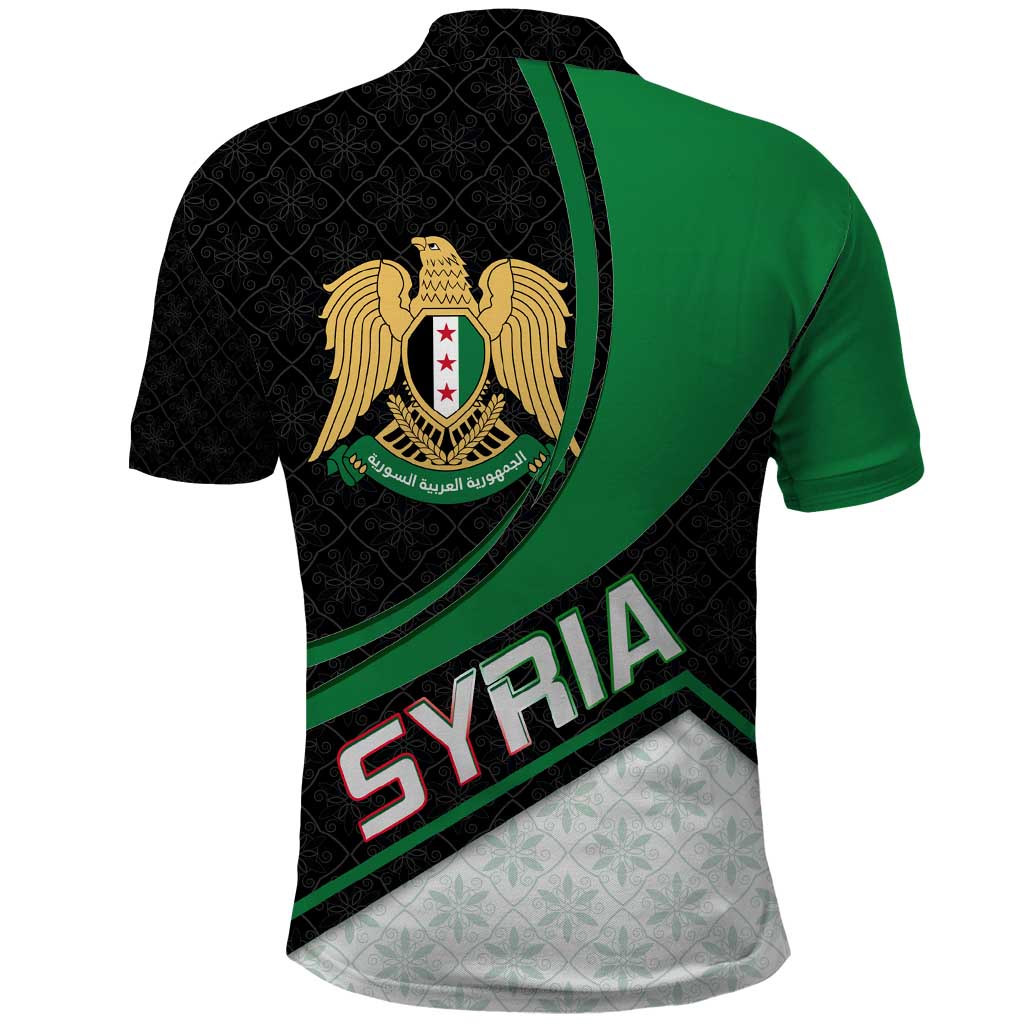 Syria Revolution Emblem Polo Shirt with Traditional Pattern and Curved Green Black Design TS04