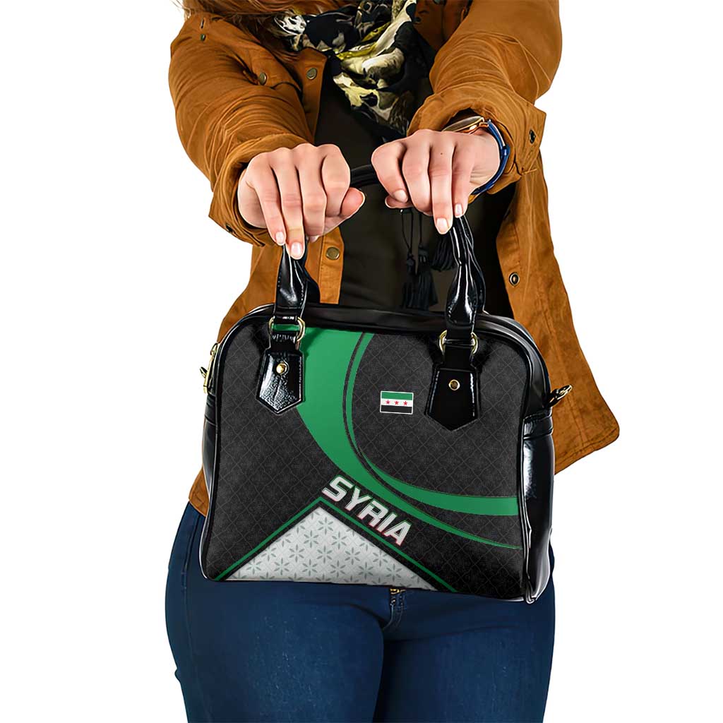 Syria Revolution Emblem Shoulder Handbag with Traditional Pattern and Curved Green Black Design TS04