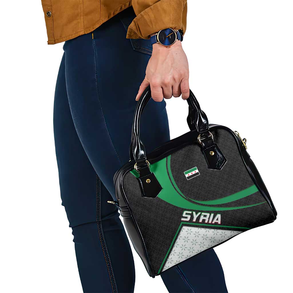 Syria Revolution Emblem Shoulder Handbag with Traditional Pattern and Curved Green Black Design TS04