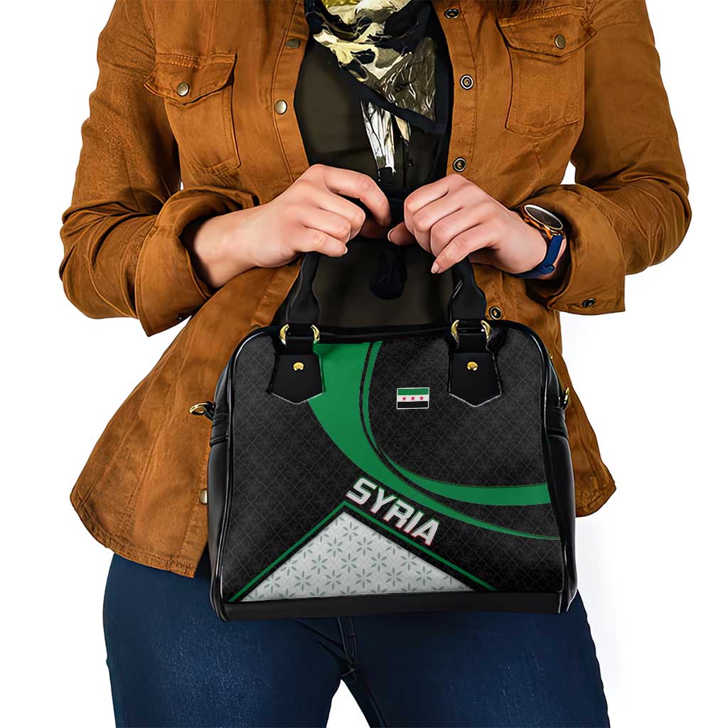 Syria Revolution Emblem Shoulder Handbag with Traditional Pattern and Curved Green Black Design TS04