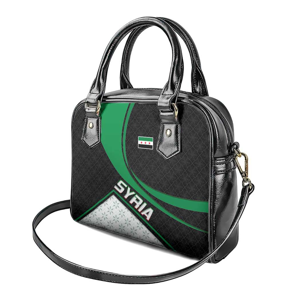 Syria Revolution Emblem Shoulder Handbag with Traditional Pattern and Curved Green Black Design TS04