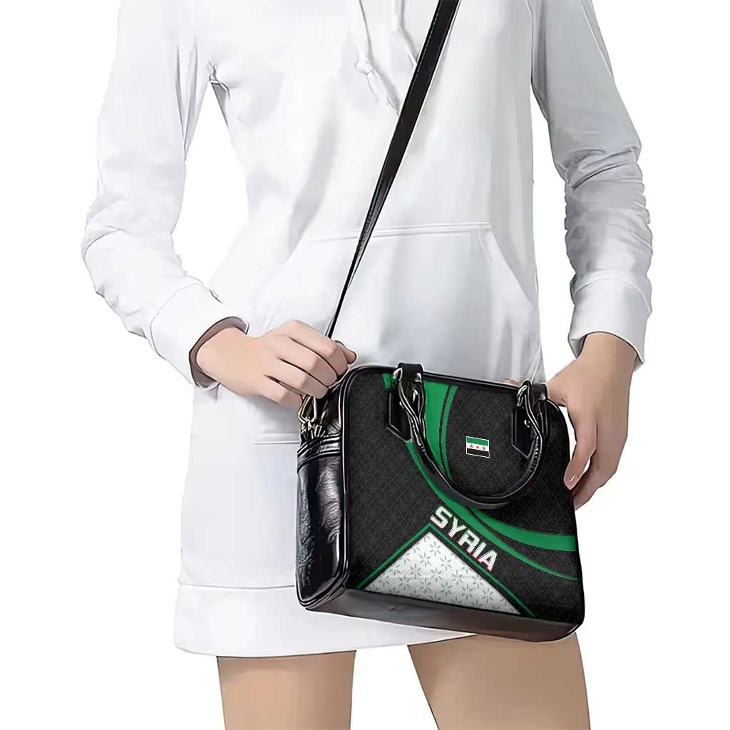 Syria Revolution Emblem Shoulder Handbag with Traditional Pattern and Curved Green Black Design TS04