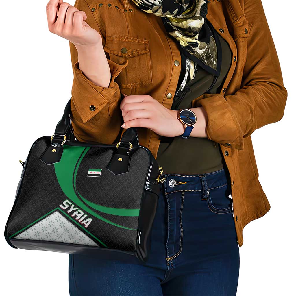 Syria Revolution Emblem Shoulder Handbag with Traditional Pattern and Curved Green Black Design TS04