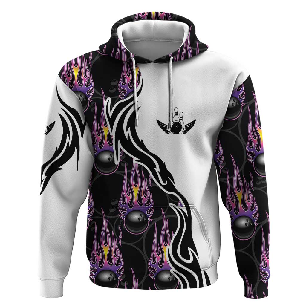 Personalized Bowling Flame Hoodie Black and White Split Pattern and Purple Fireball Graphics TS04