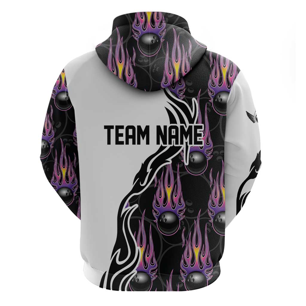 Personalized Bowling Flame Hoodie Black and White Split Pattern and Purple Fireball Graphics TS04