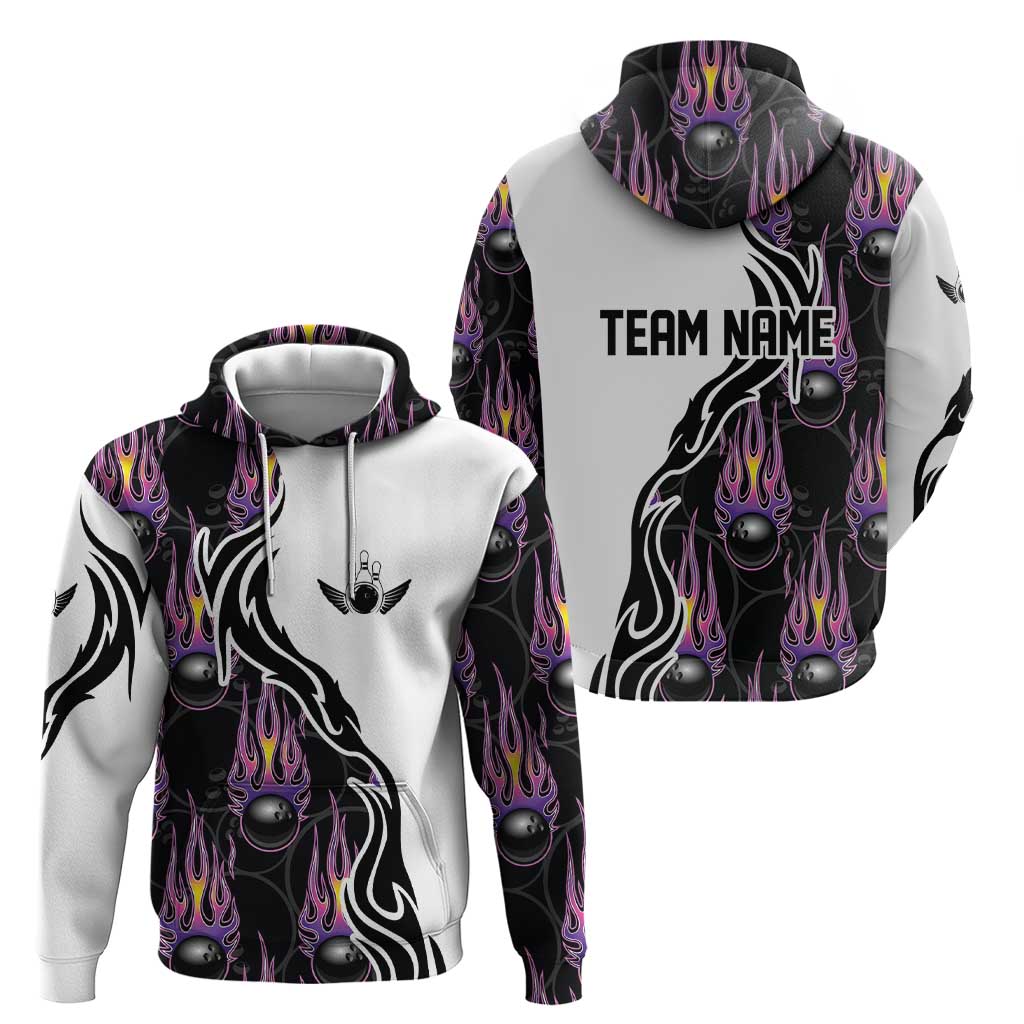 Personalized Bowling Flame Hoodie Black and White Split Pattern and Purple Fireball Graphics TS04