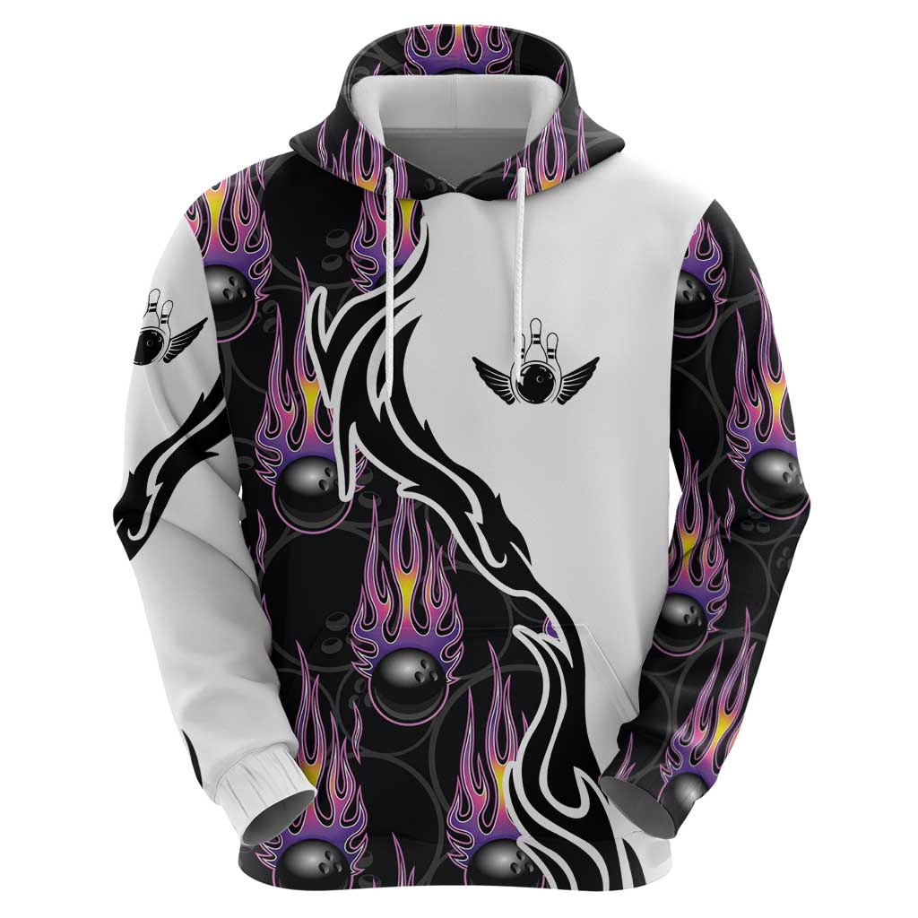 Personalized Bowling Flame Hoodie Black and White Split Pattern and Purple Fireball Graphics TS04