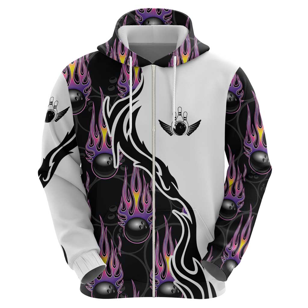 Personalized Bowling Flame Hoodie Black and White Split Pattern and Purple Fireball Graphics TS04