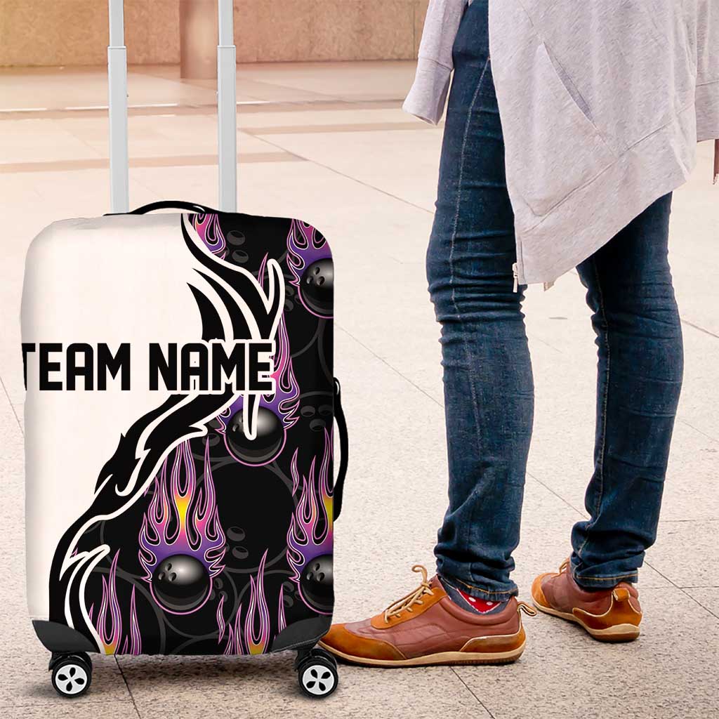Personalized Bowling Flame Luggage Cover Black and White Split Pattern and Purple Fireball Graphics TS04