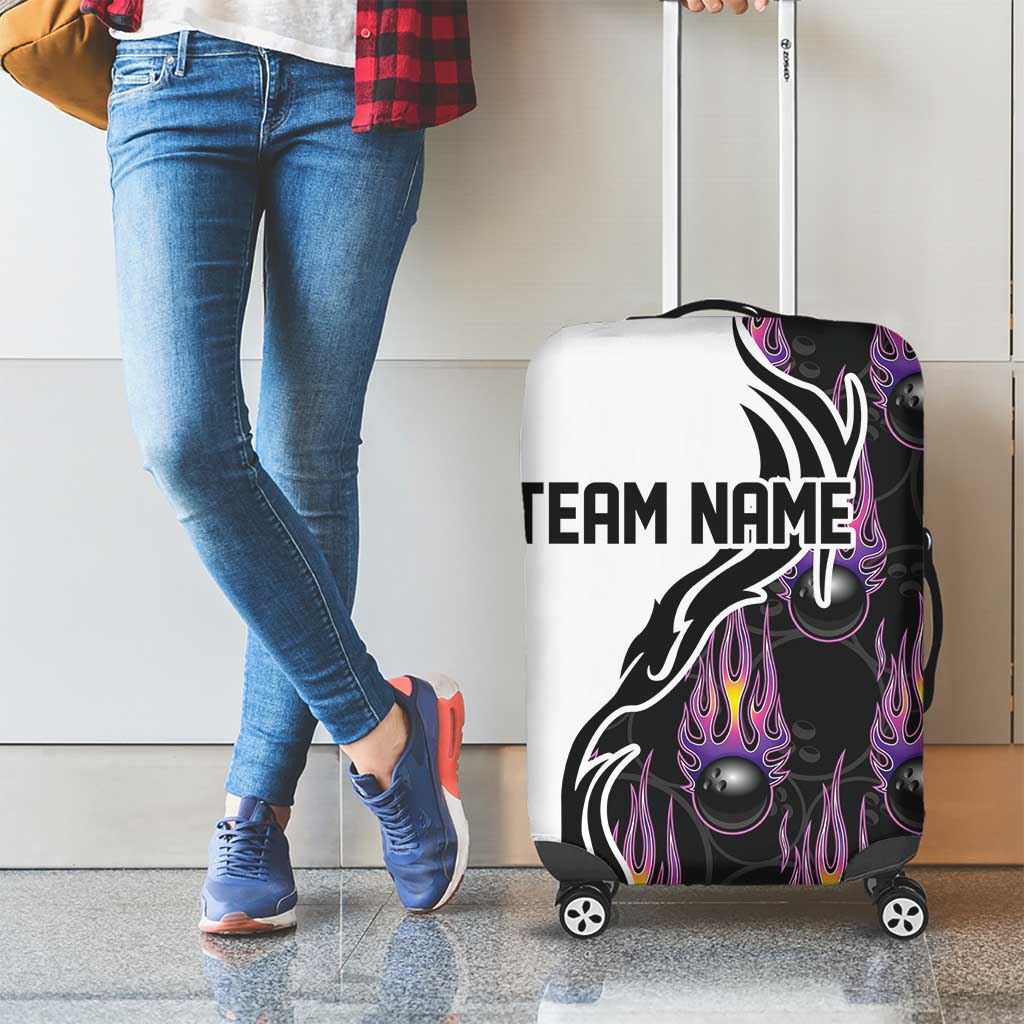 Personalized Bowling Flame Luggage Cover Black and White Split Pattern and Purple Fireball Graphics TS04