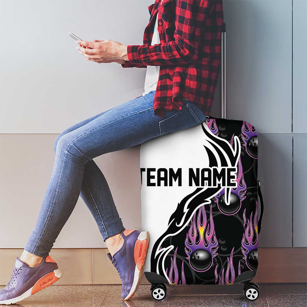 Personalized Bowling Flame Luggage Cover Black and White Split Pattern and Purple Fireball Graphics TS04