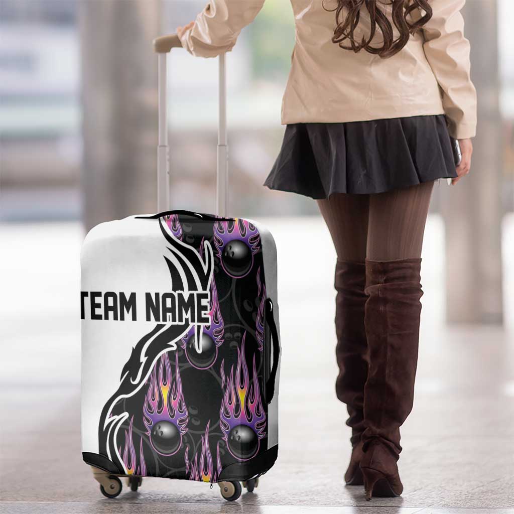 Personalized Bowling Flame Luggage Cover Black and White Split Pattern and Purple Fireball Graphics TS04