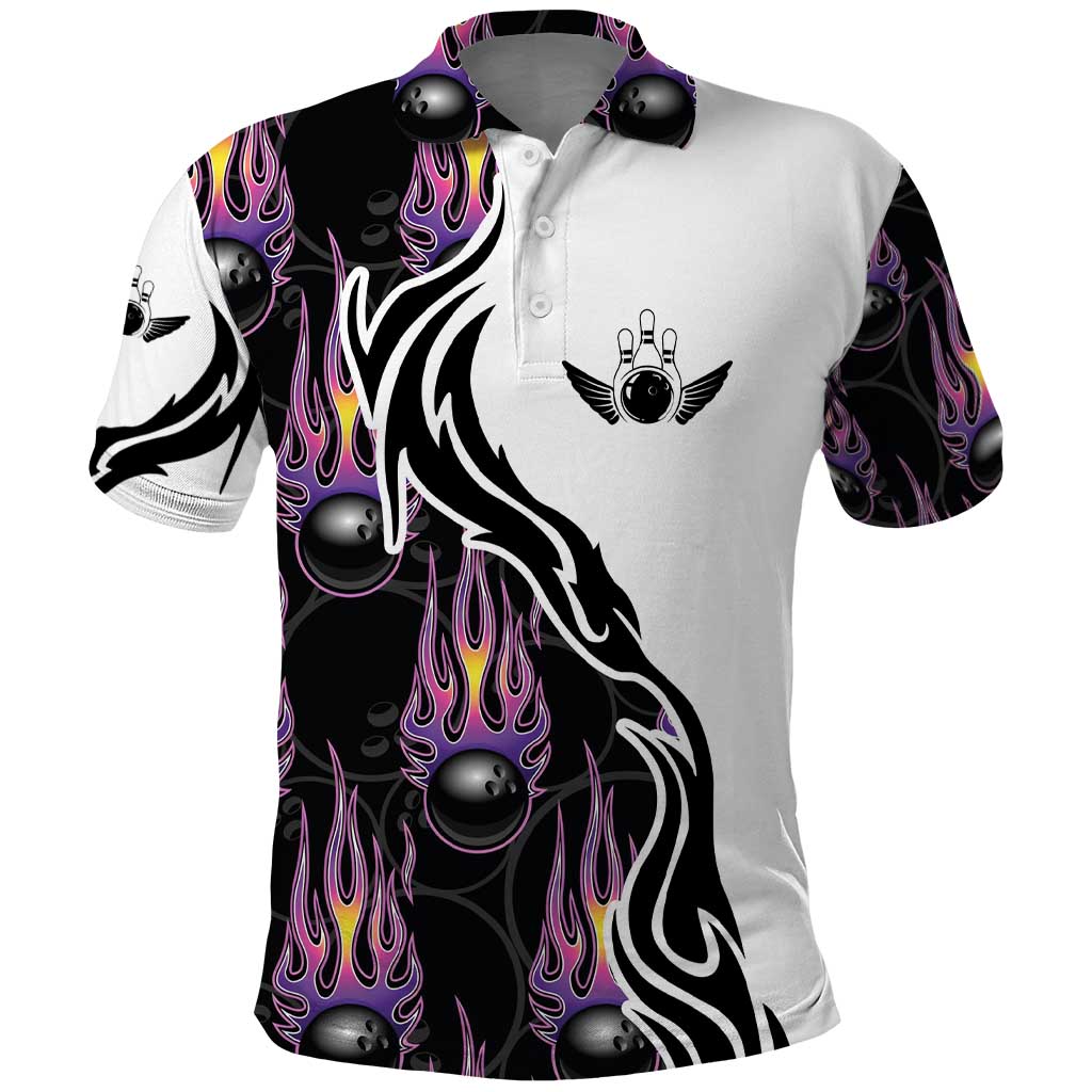 Personalized Bowling Flame Polo Shirt Black and White Split Pattern and Purple Fireball Graphics TS04