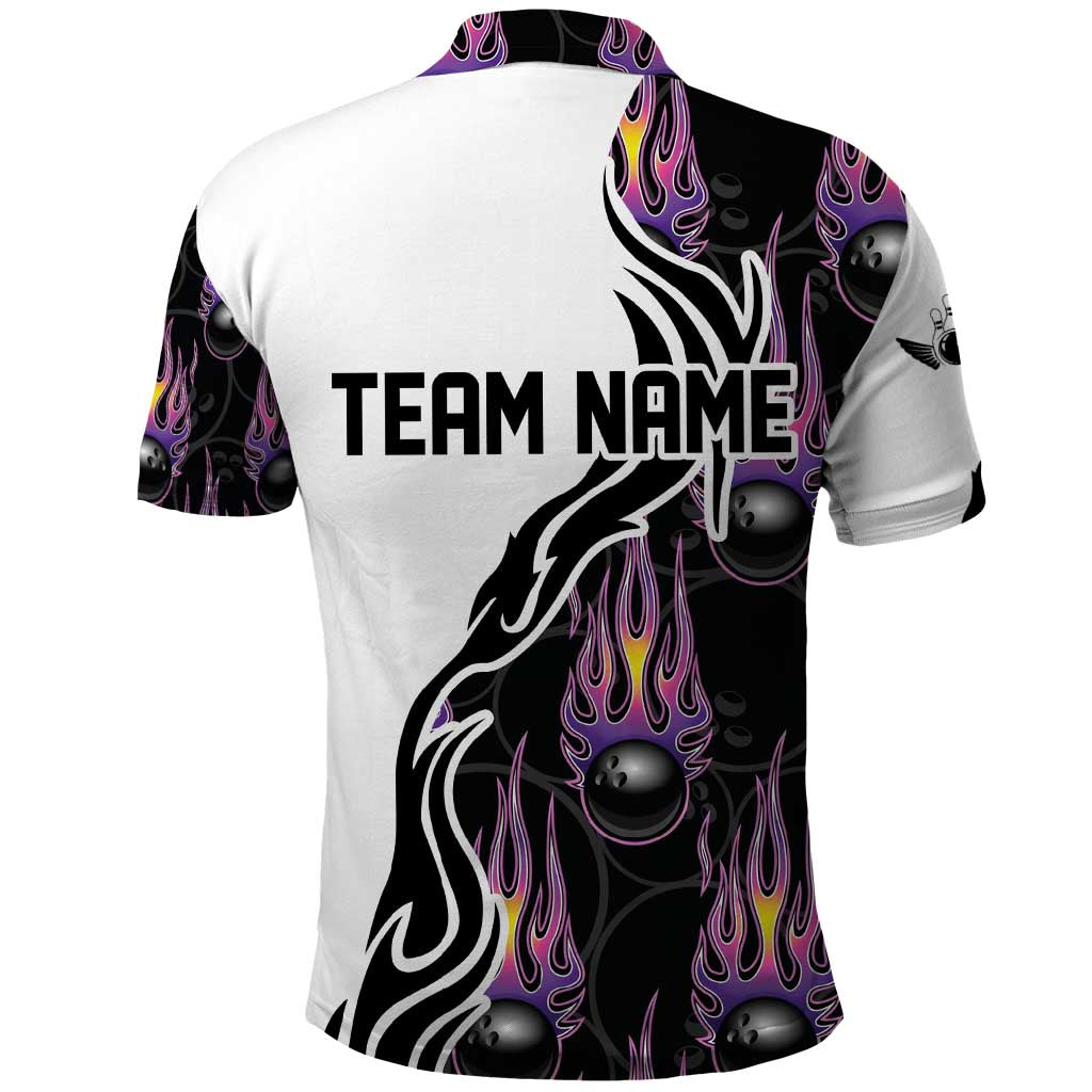 Personalized Bowling Flame Polo Shirt Black and White Split Pattern and Purple Fireball Graphics TS04