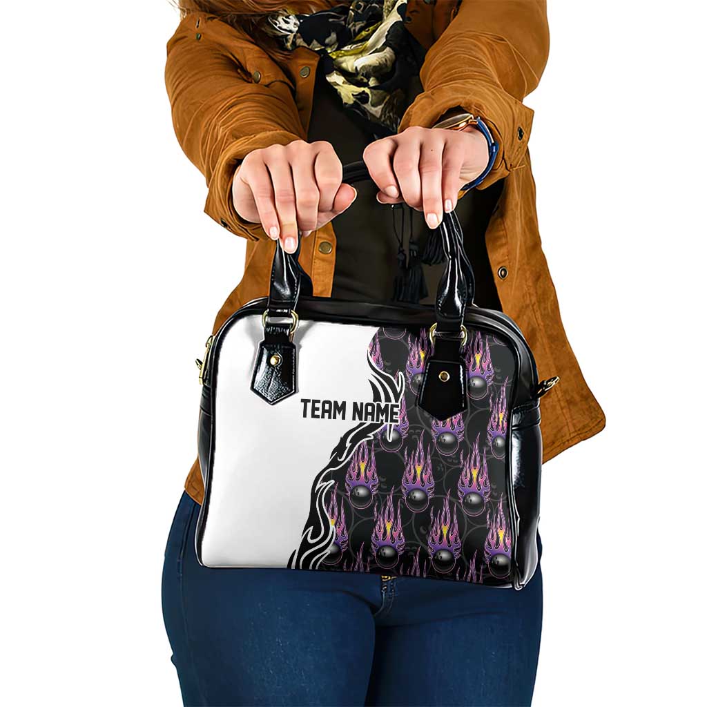 Personalized Bowling Flame Shoulder Handbag Black and White Split Pattern and Purple Fireball Graphics TS04