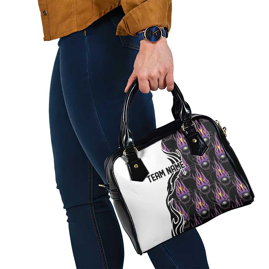 Personalized Bowling Flame Shoulder Handbag Black and White Split Pattern and Purple Fireball Graphics TS04