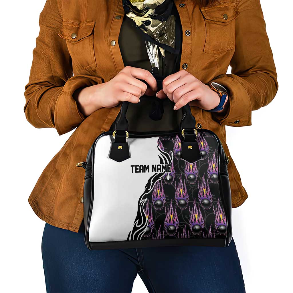 Personalized Bowling Flame Shoulder Handbag Black and White Split Pattern and Purple Fireball Graphics TS04