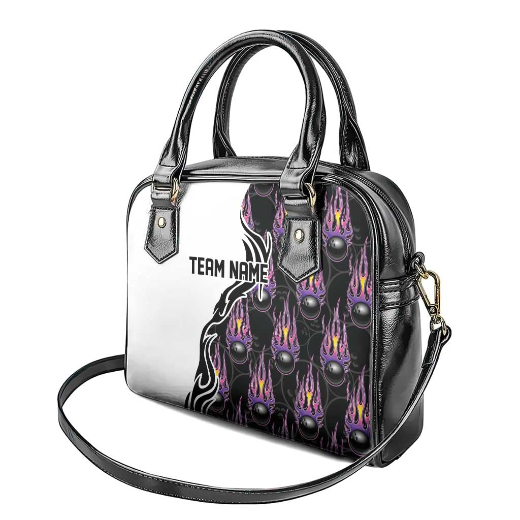 Personalized Bowling Flame Shoulder Handbag Black and White Split Pattern and Purple Fireball Graphics TS04