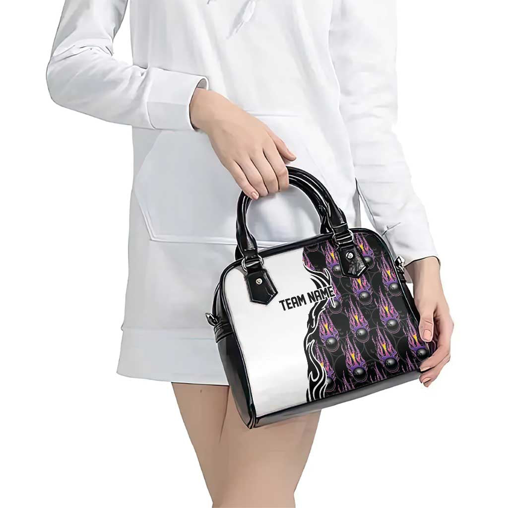 Personalized Bowling Flame Shoulder Handbag Black and White Split Pattern and Purple Fireball Graphics TS04