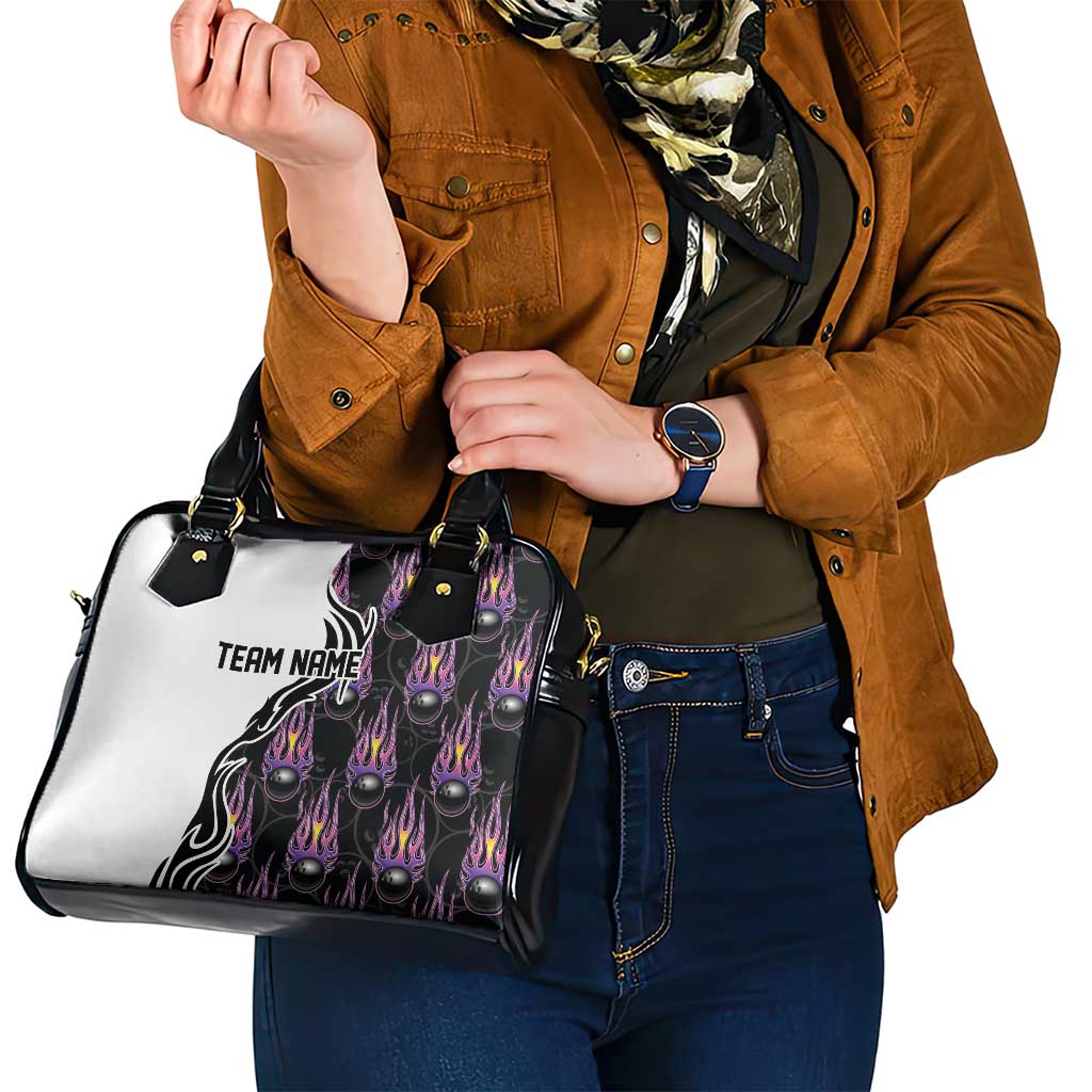 Personalized Bowling Flame Shoulder Handbag Black and White Split Pattern and Purple Fireball Graphics TS04