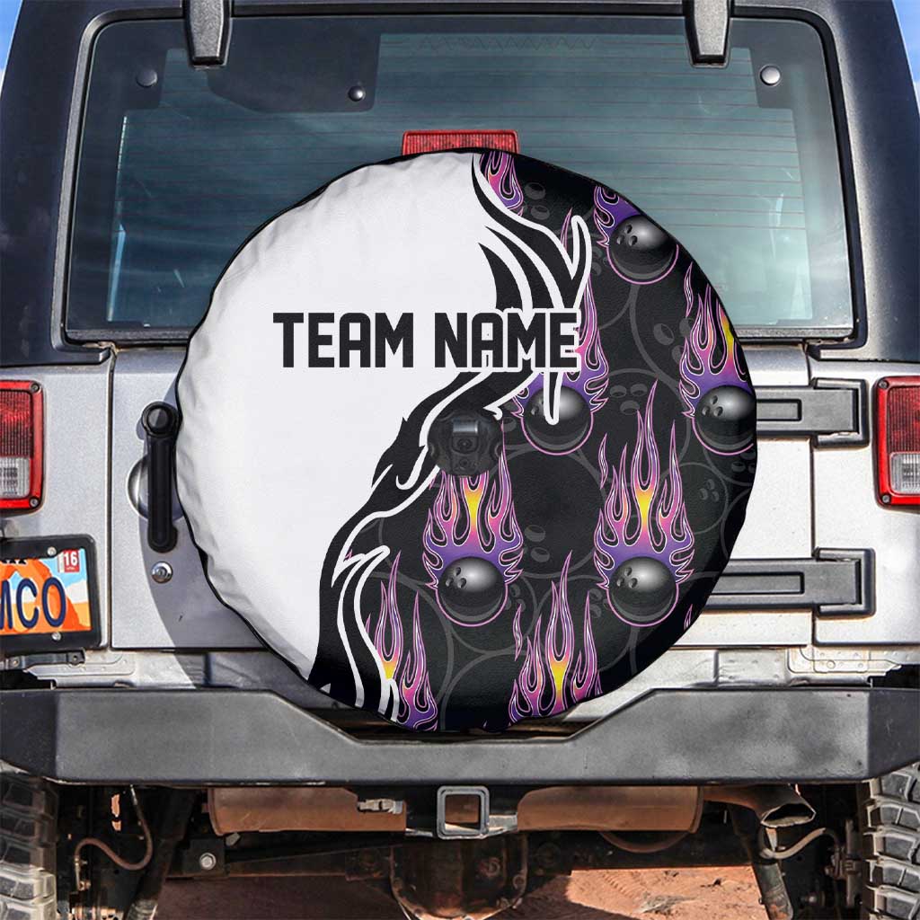 Personalized Bowling Flame Spare Tire Cover Black and White Split Pattern and Purple Fireball Graphics TS04