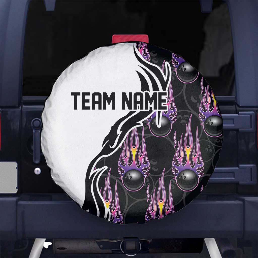 Personalized Bowling Flame Spare Tire Cover Black and White Split Pattern and Purple Fireball Graphics TS04