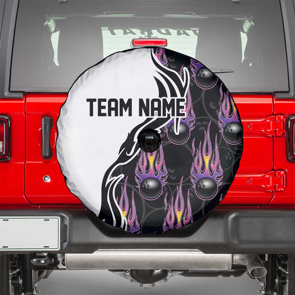 Personalized Bowling Flame Spare Tire Cover Black and White Split Pattern and Purple Fireball Graphics TS04