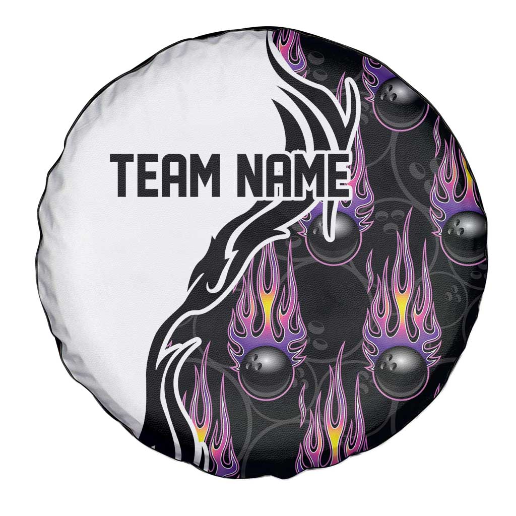 Personalized Bowling Flame Spare Tire Cover Black and White Split Pattern and Purple Fireball Graphics TS04
