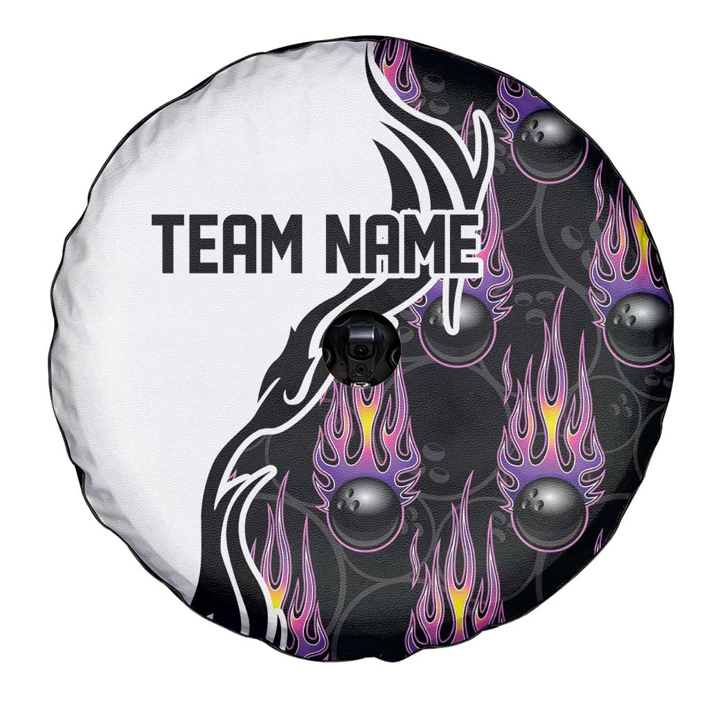 Personalized Bowling Flame Spare Tire Cover Black and White Split Pattern and Purple Fireball Graphics TS04