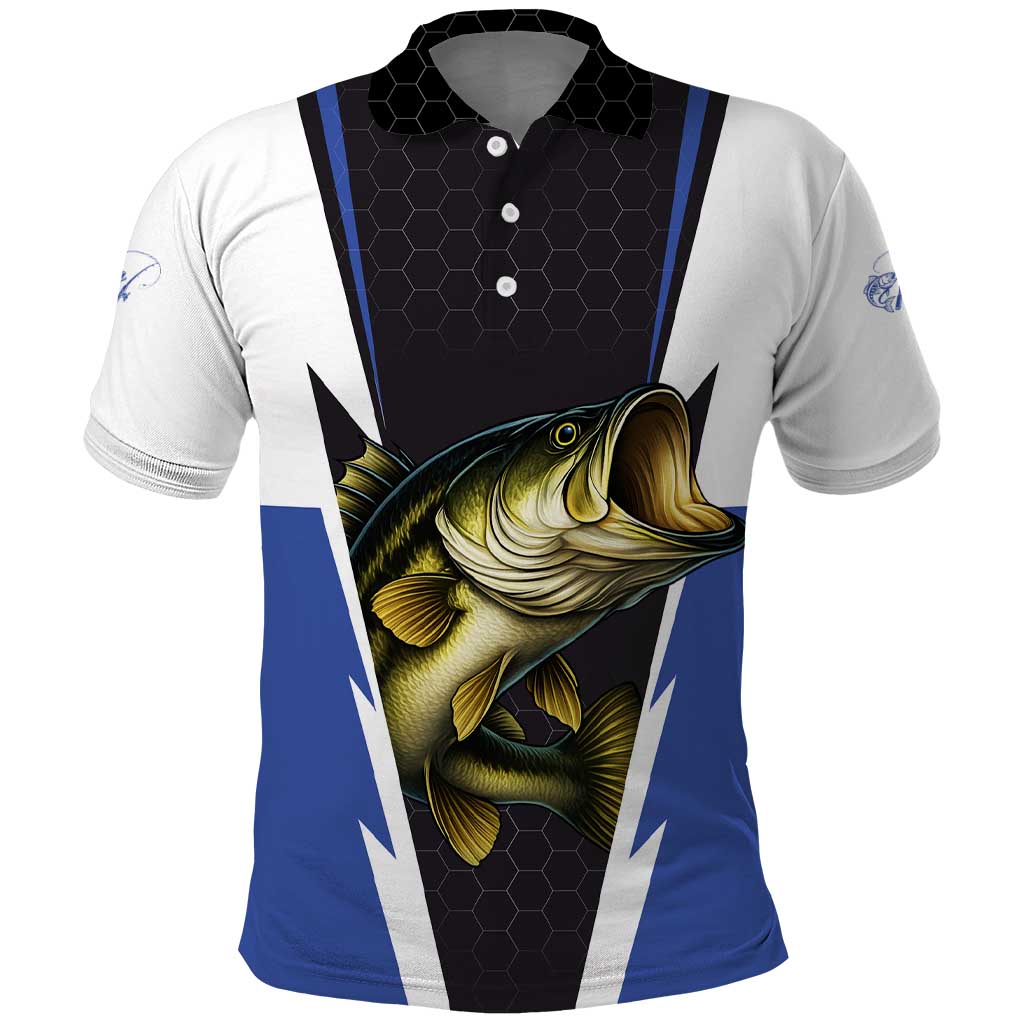 Personalized Bass Fishing Polo Shirt Jumping Fish and Blue White Lightning Pattern Design TS04