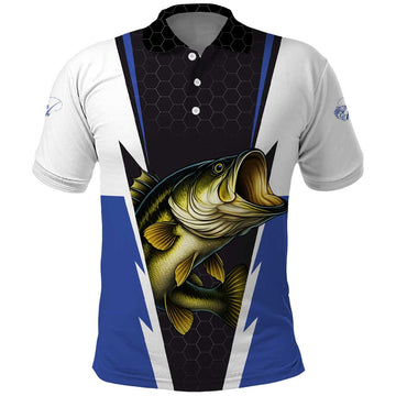 Personalized Bass Fishing Polo Shirt Jumping Fish and Blue White Lightning Pattern Design TS04