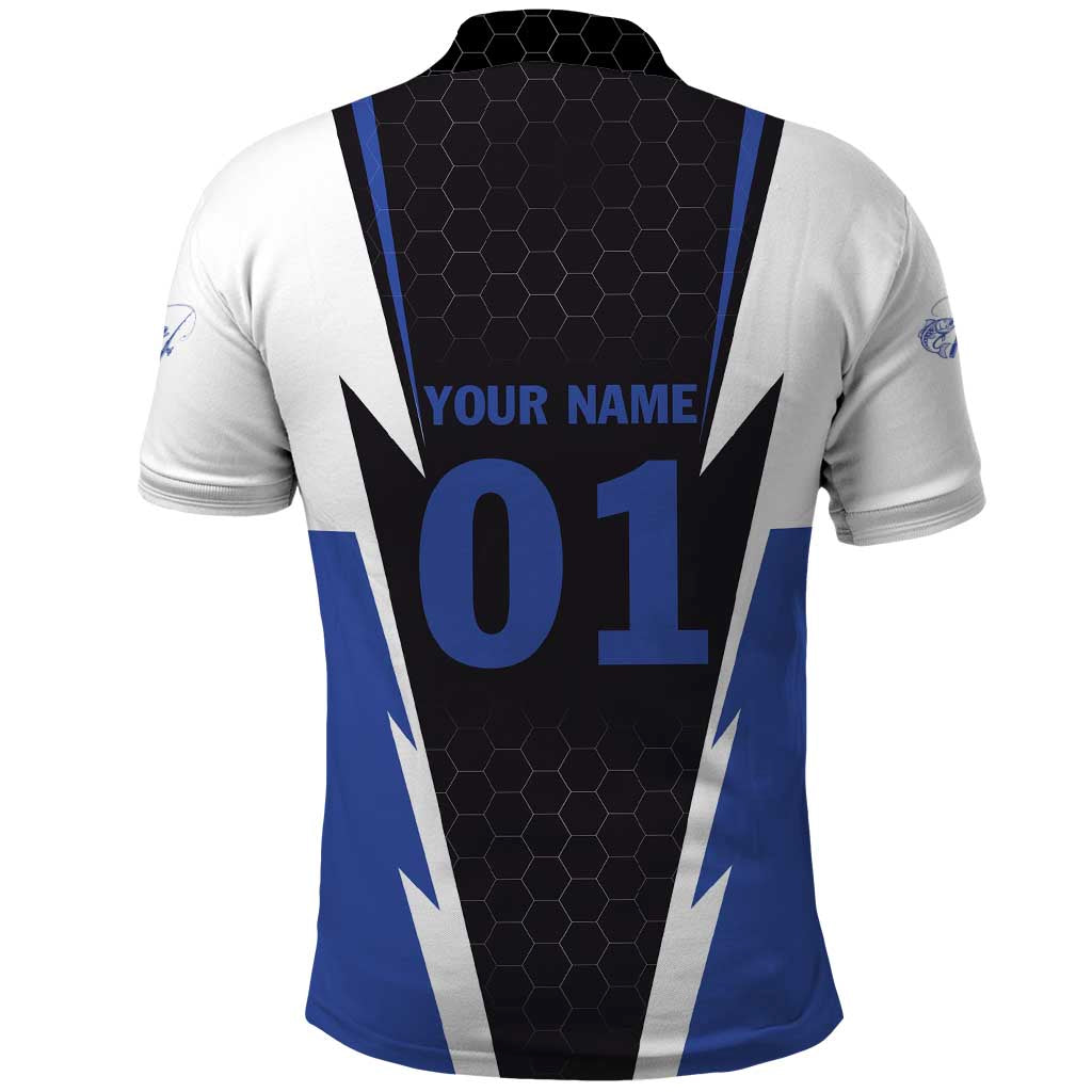 Personalized Bass Fishing Polo Shirt Jumping Fish and Blue White Lightning Pattern Design TS04