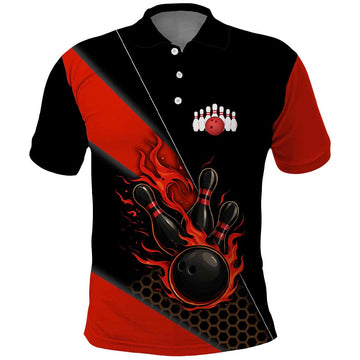 Personalized Bowling Tournament Polo Shirt Ball Strike Black And Red Custom Bowling Team TS04