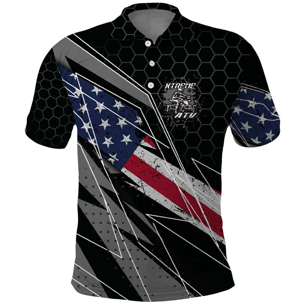 Custom Bike Shirt Racing Motocross Polo Shirt American Flag and Black Hexagon Lightning Graphic Design TS04