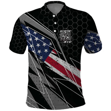 Custom Bike Shirt Racing Motocross Polo Shirt American Flag and Black Hexagon Lightning Graphic Design TS04
