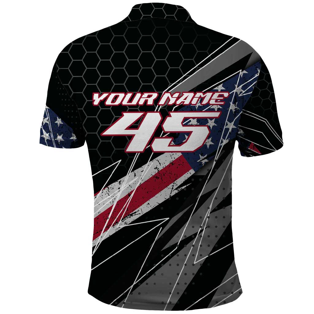 Custom Bike Shirt Racing Motocross Polo Shirt American Flag and Black Hexagon Lightning Graphic Design TS04