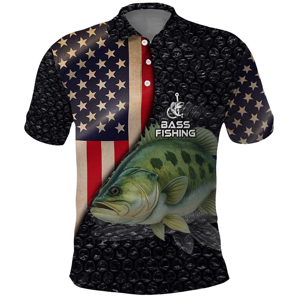 Custom Largemouth Bass Fishing Polo Shirt American Flag and Bubble Texture Background TS04