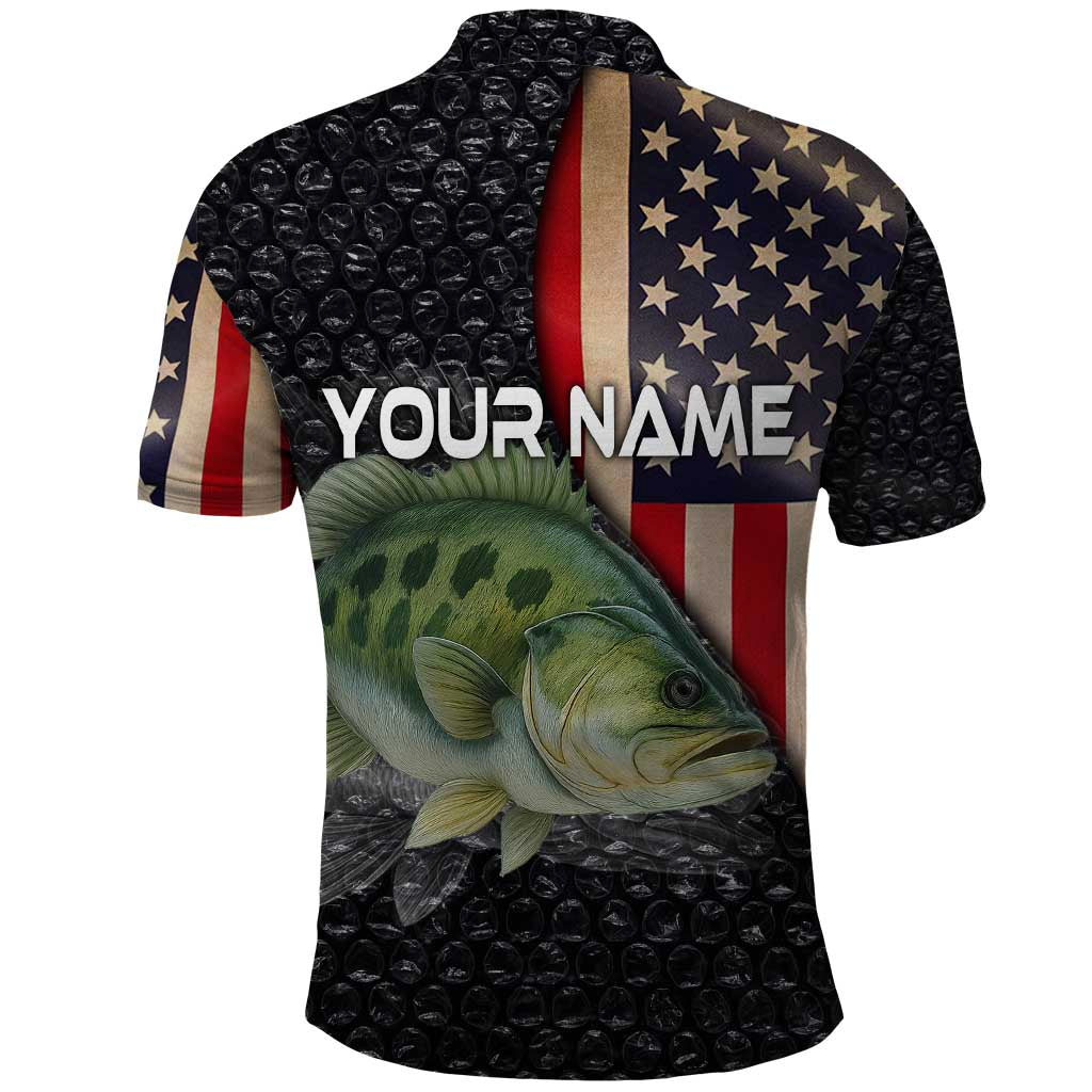 Custom Largemouth Bass Fishing Polo Shirt American Flag and Bubble Texture Background TS04